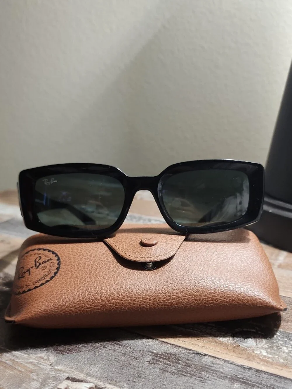 Ray-Ban Kilian Black Rectangular Sunglasses with Dark Green Lenses